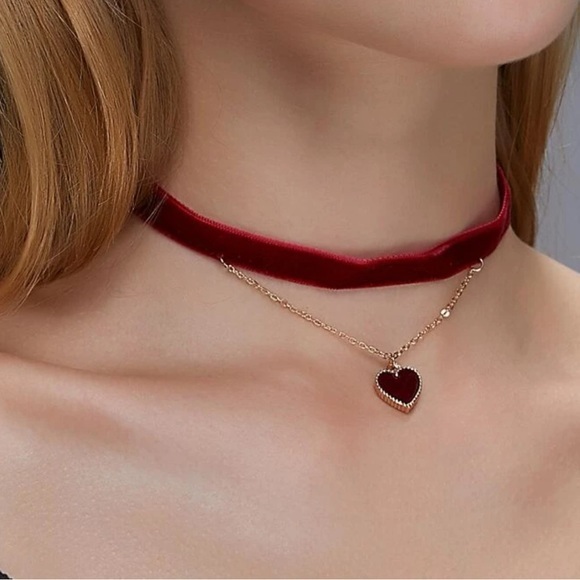 Jewelry - Velvet Choker Red Heart Charm Layered Necklace